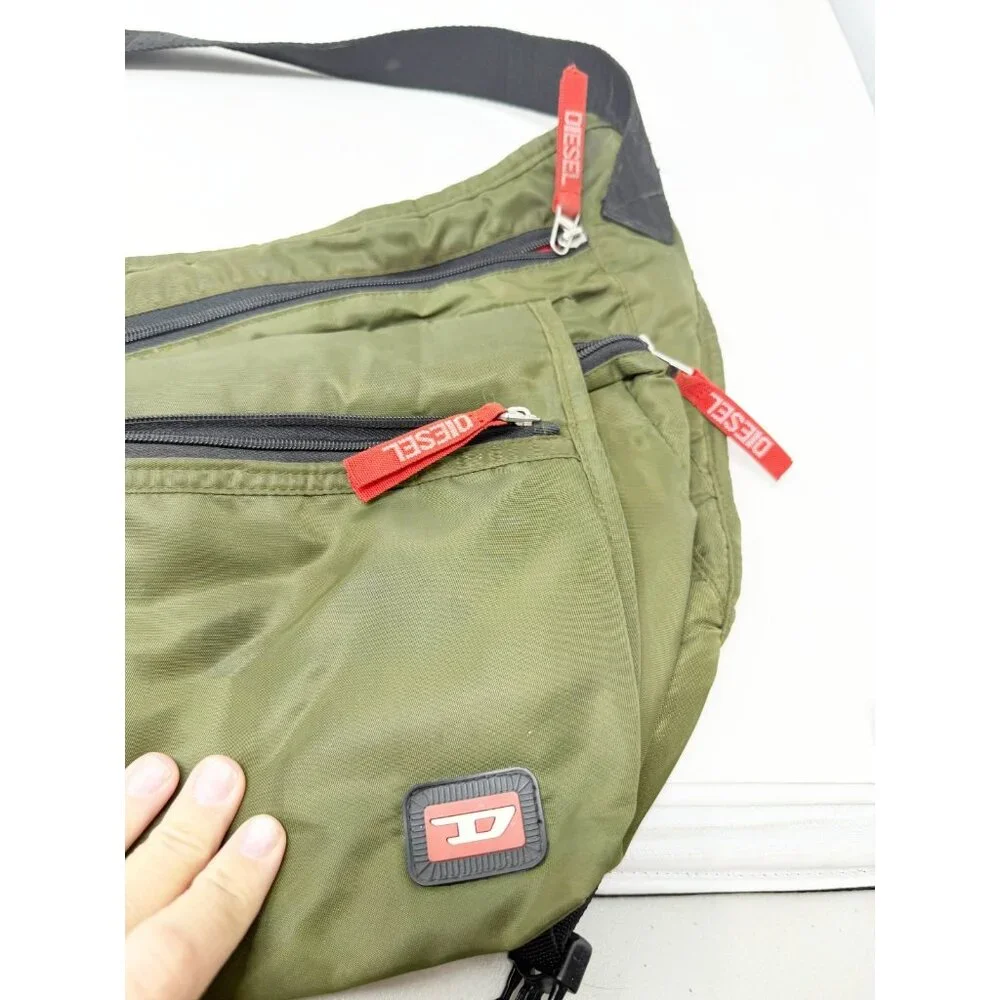 Diesel Vintage Y2K‎ Mens Crossbody Sling Bag Nylon Multi Pocket Olive Green